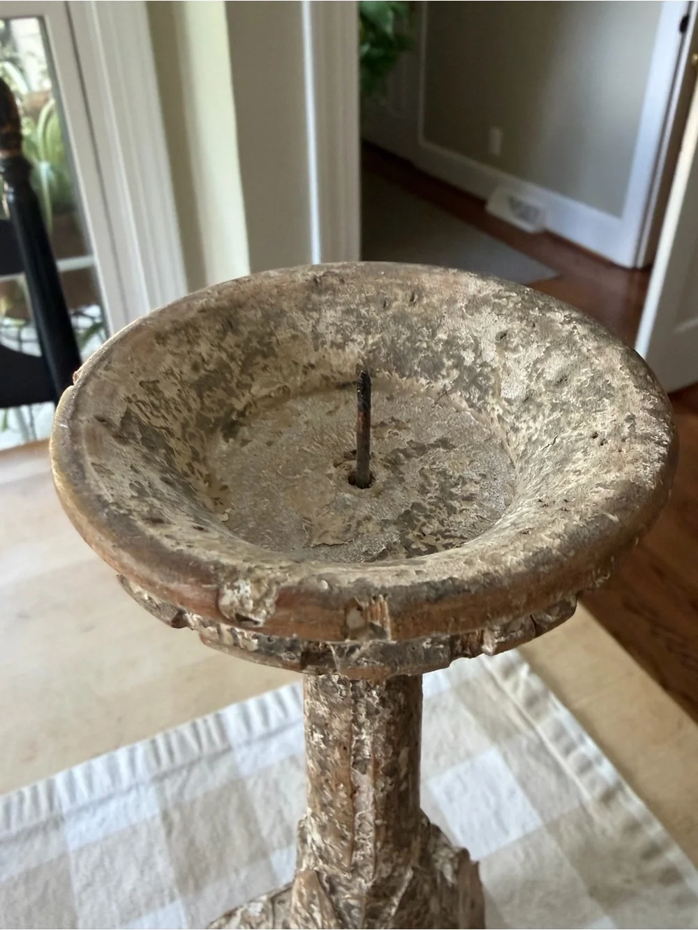 Antique Baroque Hand Carved Whitewashed Wooden Candlestick